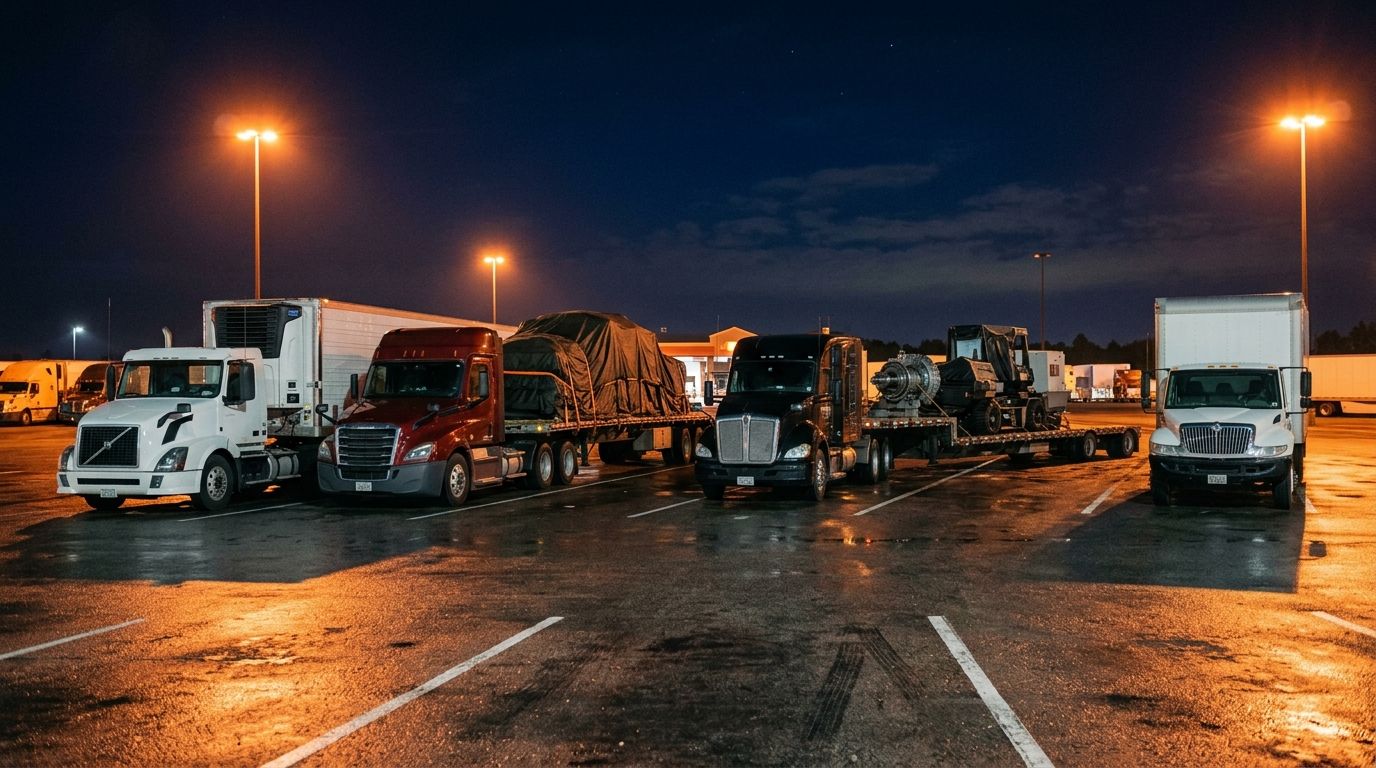 Dry van, reefer, flatbed and box trucks parked at a truck stop at night